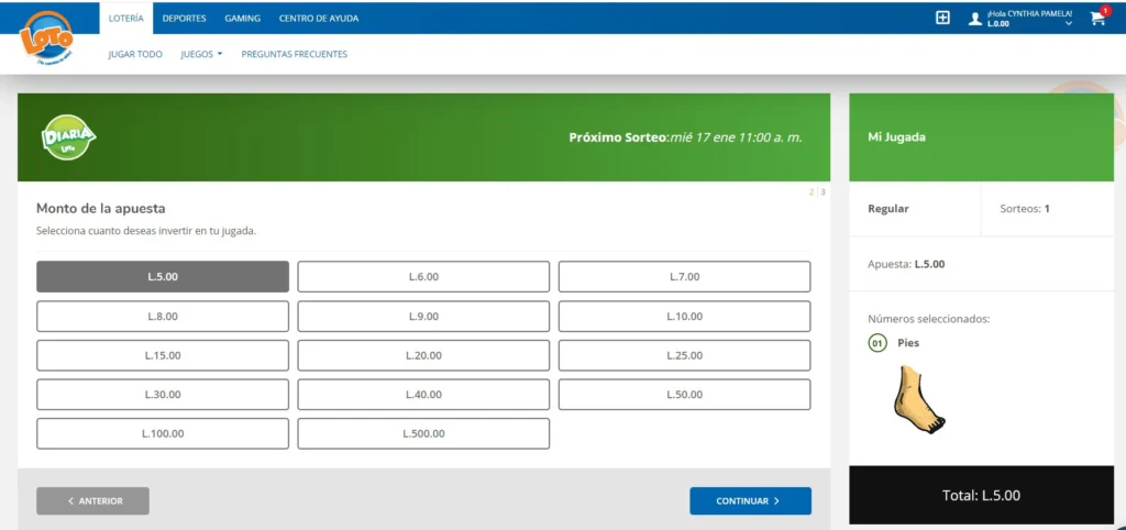 interface del monto de la apuesta